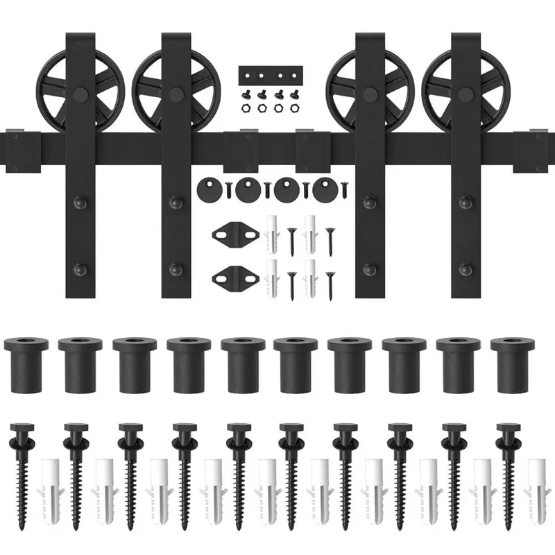 12 ft. /144 in. Frosted Black Sliding Barn Door Track and Hardware Kit for Double Doors with Non-Routed Floor Guide