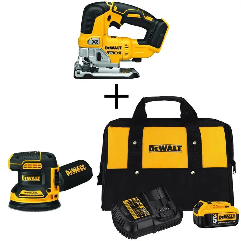 20-Volt MAX Li-Ion Cordless Brushless Jigsaw (Tool-Only) with 5 in. Sander (Tool-Only), Battery 5 Ah, Charger and Bag5.2 / bundle