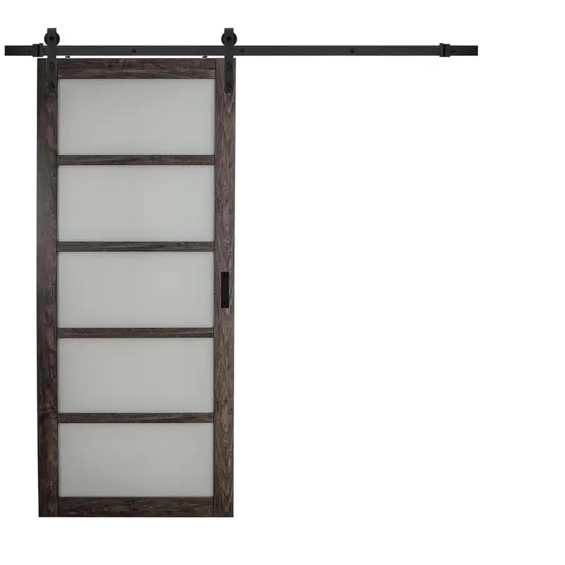 36 in. x 84 in. Iron Age Gray MDF Frosted Glass 5 Lite Design Sliding Barn Door with Rustic Hardware KitBright White / 36 x 84 / Black
