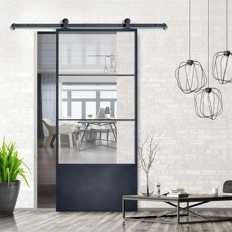 37 in. x 84 in. 3/4 Lite Concorde KD Clear Glass Black Metal Finish Sliding Barn Door with Hardware Kit70 / box