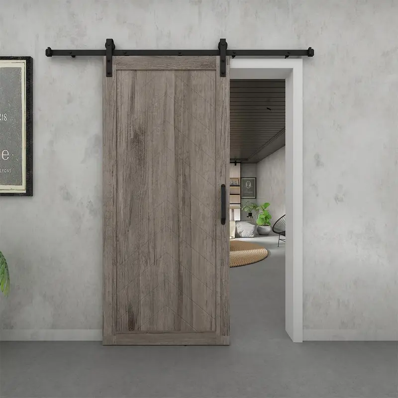 37 in. x 84 in. Herringbone Grey Finished Vinly Sliding Barn Door with Black Hardware Kit90.3 / box