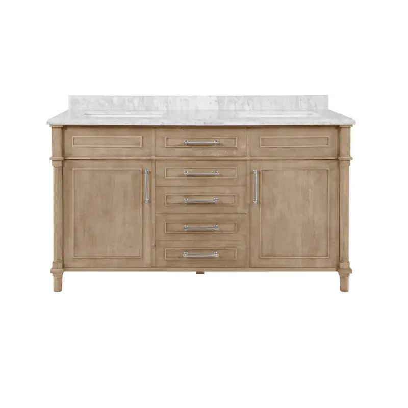 Aberdeen 60 in. Double Sink Freestanding Antique Oak Bath Vanity with Carrara Marble Top (Assembled)