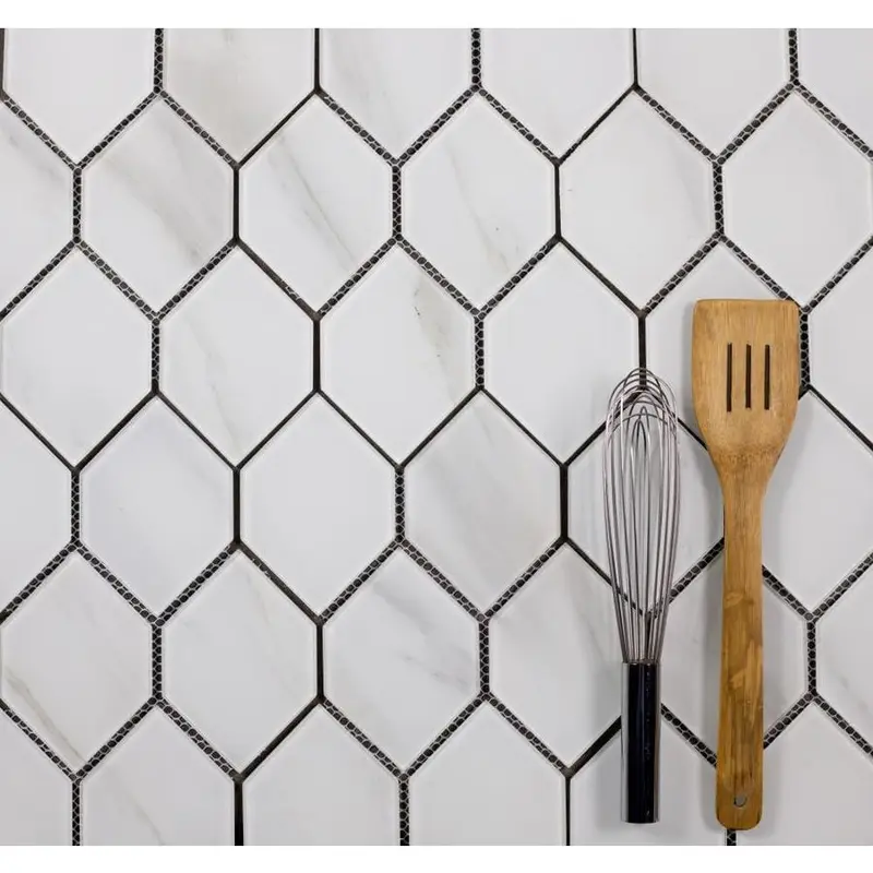 Abolos Nature 10-Pack Calacatta White/Glossy 12-in x 12-in Glossy Glass Honeycomb Marble Look Wall Tilesq/ft