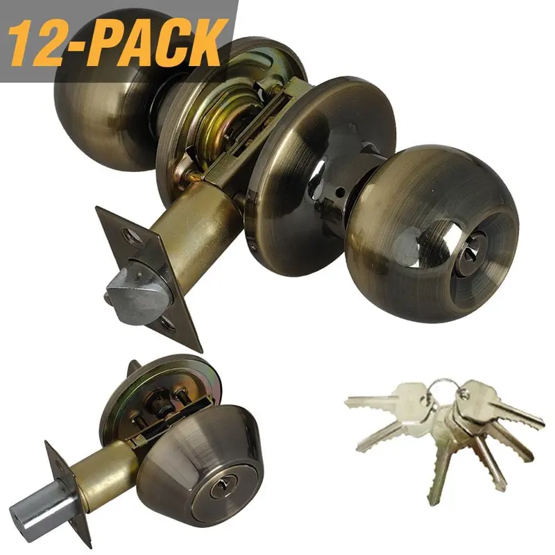 Antique Brass Entry Door Knob Combo Lockset with Deadbolt and 6-Keys, Keyed Alike (12-Pack)Stainless Steel / 29