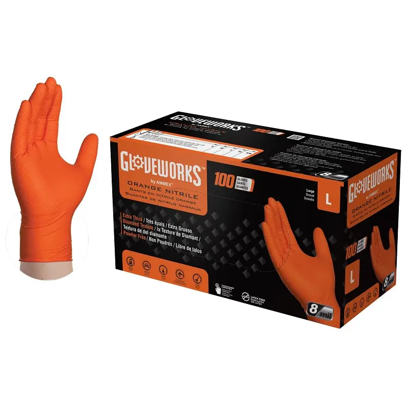 Gloveworks GWON46100 Heavy-Duty Disposable Gloves, L, Nitrile, Powder-Free, Orange, 9-1/2 in L