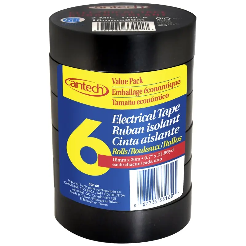 Cantech 331-60 Electrical Tape, 20 m L, 18 mm W, Vinyl Backing, Black