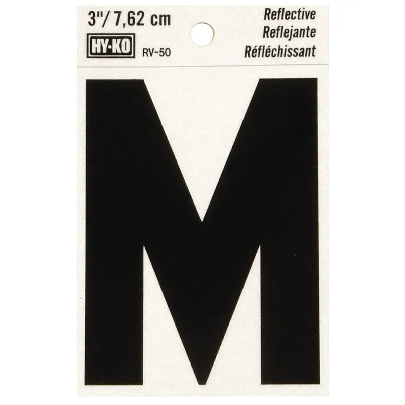 Hy-Ko RV-50/M Reflective Letter, Character: M, 3 in H Character, Black Character, Silver Background, Vinyl
