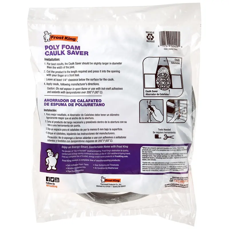 Frost King C22H Caulk Saver, 1/2 in Dia, 20 ft L, Polyfoam, Gray