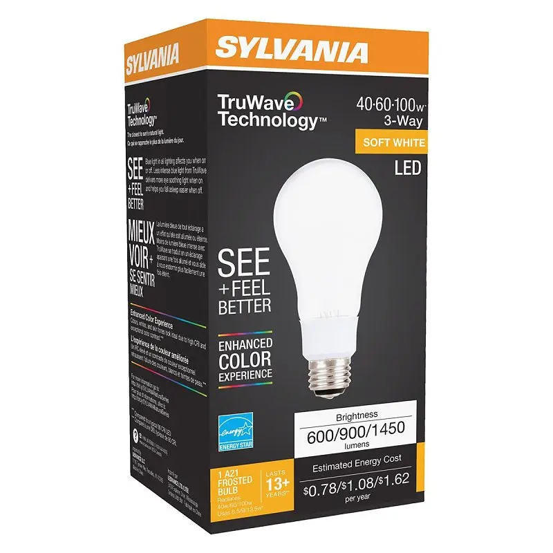 Sylvania 40777 Natural LED Bulb, 3-Way, A21 Lamp, 40/60/100 W Equivalent, E26 Lamp Base, Dimmable, Frosted