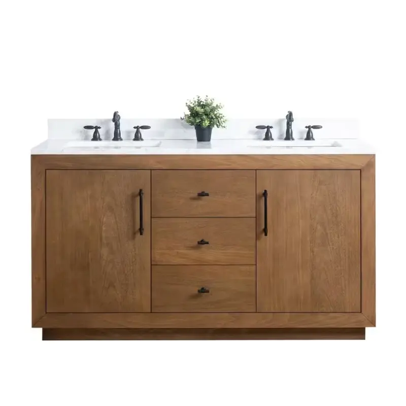 60 in. W x 21.5 in. D x 34 in. H Double Sink Bathroom Vanity in Tan with Arabescato White Engineered Marble Top