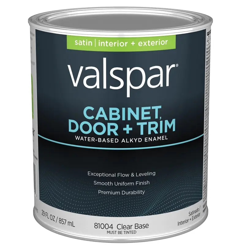 Valspar 8100 028.0081004.005 Cabinet, Door and Trim Paint Enamel, Water Base, Satin Sheen, Clear Base, 1 qt