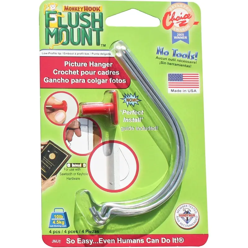 Monkey Hook Flush Mount TMH-444 Picture Hanger, 10 lb, Spring Steel, Galvanized, Silver, Flush