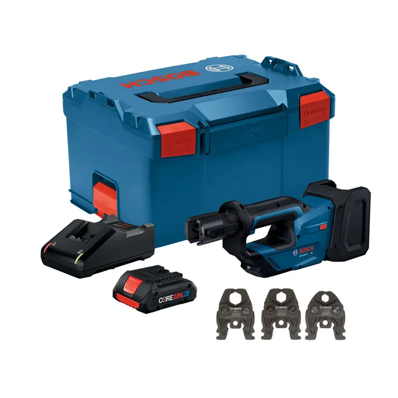 Bosch GPT18V-24L14 Press Tool Kit W/ 1/2", 3/4", and 1" Jaws, (1) CORE18V 4 Ah Battery & (1) GAL18V-40 18V Standard Charger