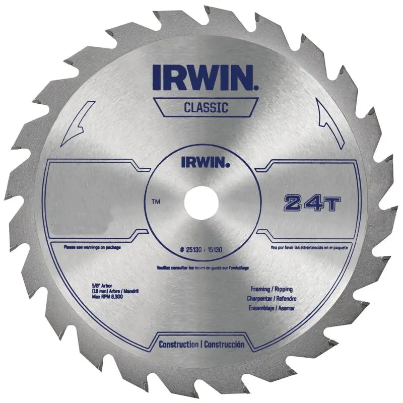 Irwin 15070 Circular Saw Blade, 10 in Dia, 5/8 in Arbor, 24-Teeth, Carbide Cutting Edge, Applicable Materials: Wood