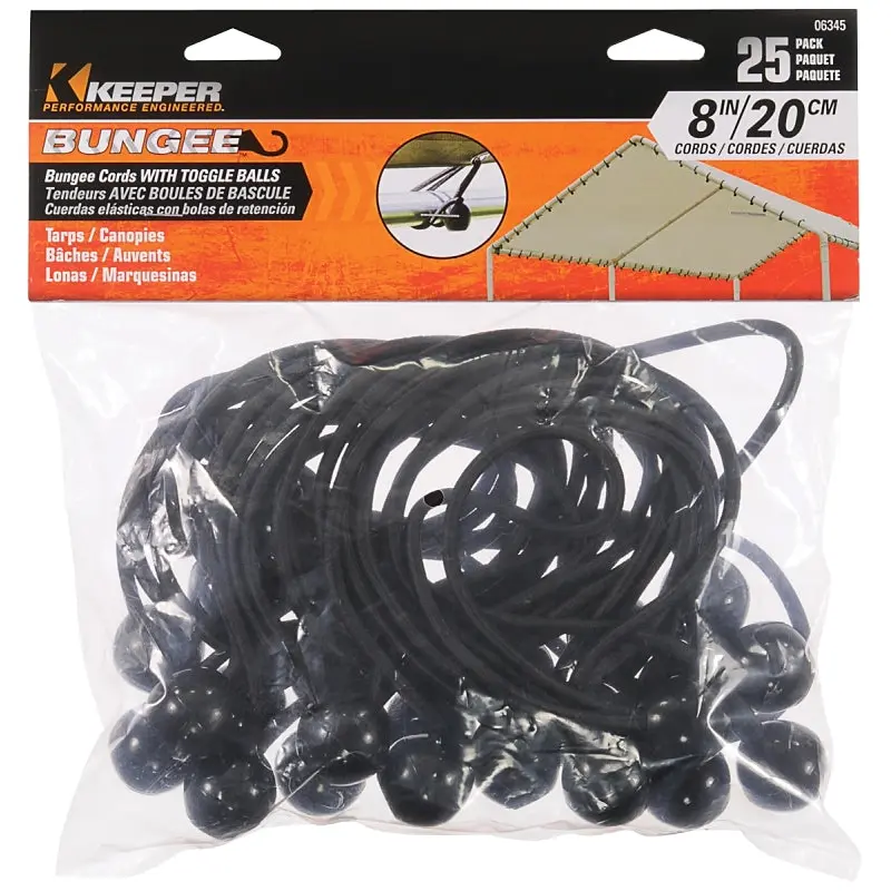 Keeper 06345 Bungee Cord, 8 in L, Rubber, Black, Toggle Ball End