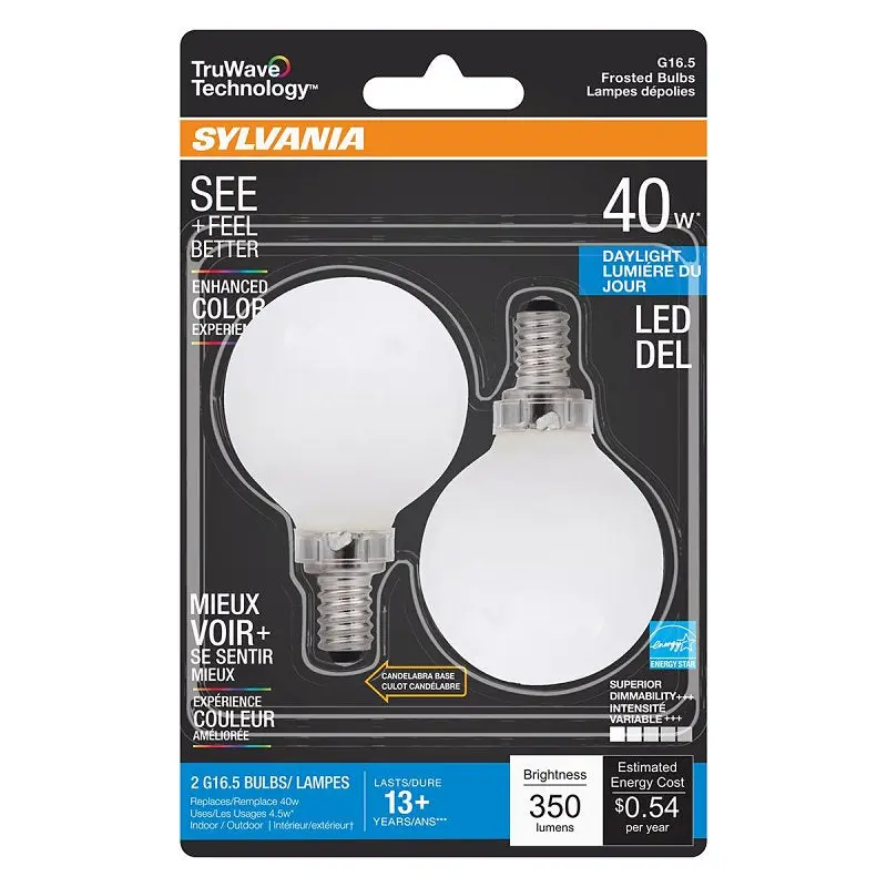 Sylvania 40798 Natural LED Bulb, Decorative, G16.5 Lamp, 40 W Equivalent, E12 Lamp Base, Dimmable, Frosted