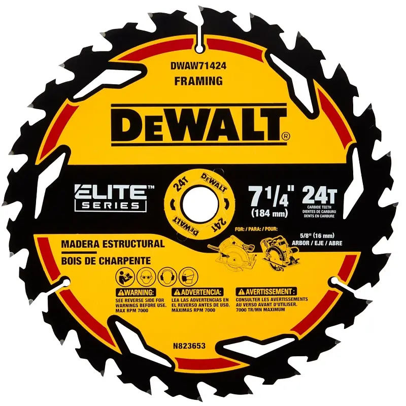 DeWALT ELITE DWAW71424 Circular Saw Blade, 7-1/4 in Dia, 24-Teeth, Tungsten Carbide Cutting Edge