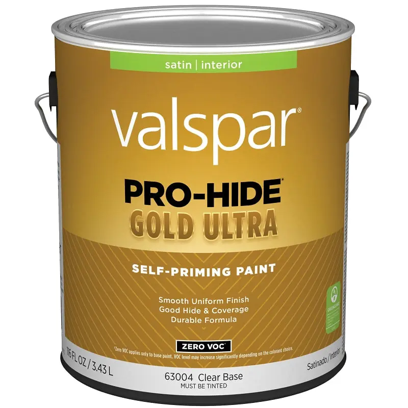 Valspar Pro-Hide Gold Ultra 6300 028.0063004.007 Latex Paint, Acrylic Base, Satin, Clear Base, 1 gal