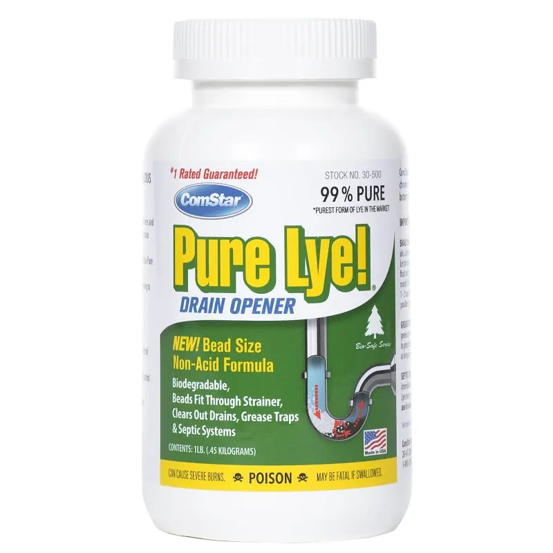 ComStar Pure Lye 30-500 Drain Opener, Beads, Flakes, Clear/White, Sharp, 1 lb Bottle