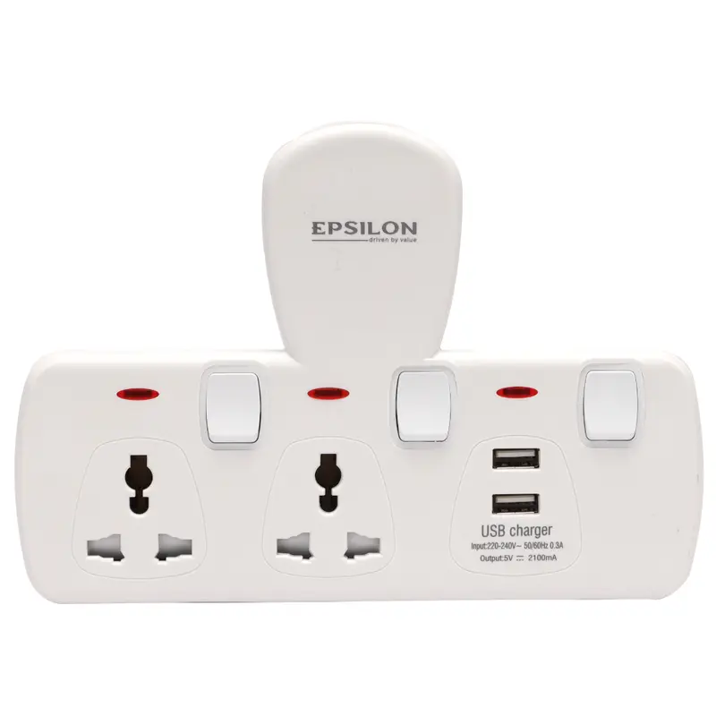 Epsilon 2 Way Universal Socket Fire-Resistant with USB Ports | ES1113