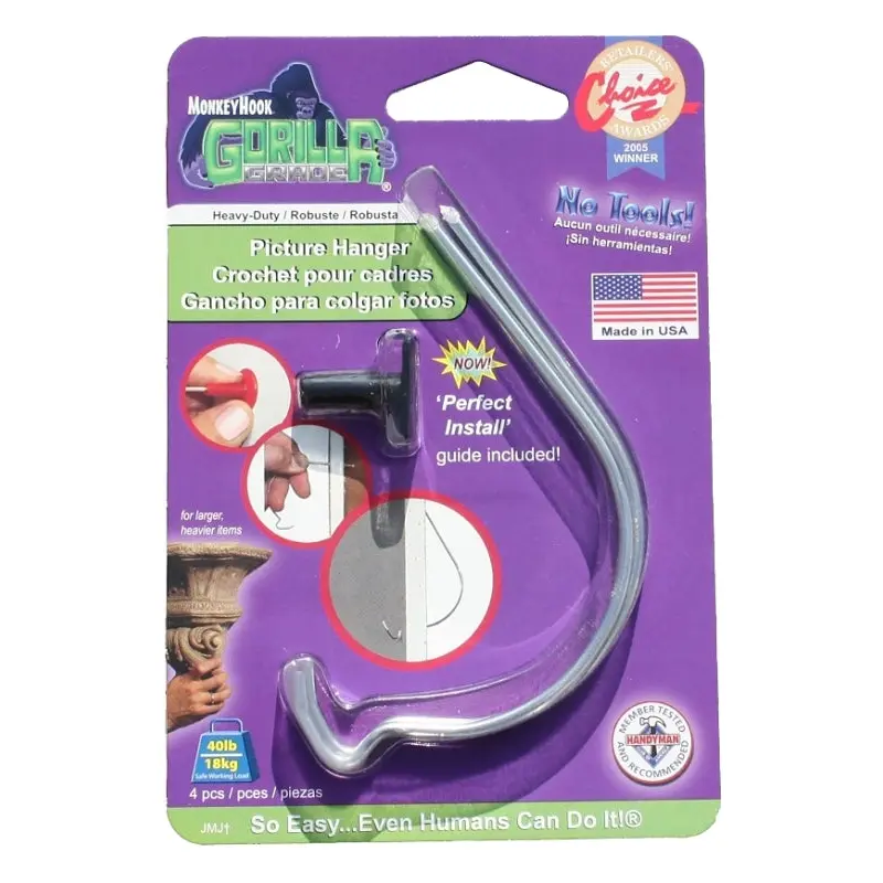 Monkey Hook TMH-222 Picture Hanger, 40 lb, High Carbon Spring Steel, Galvanized Zinc, Silver
