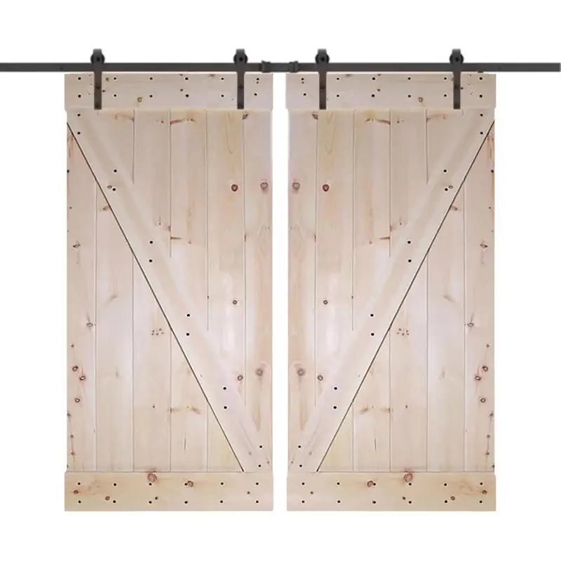 60 in. x 84 in. Unfinished Knotty Pine Wood Double Sliding Barn Door with Classic Bent Strap Black Hardware Kit136 / each