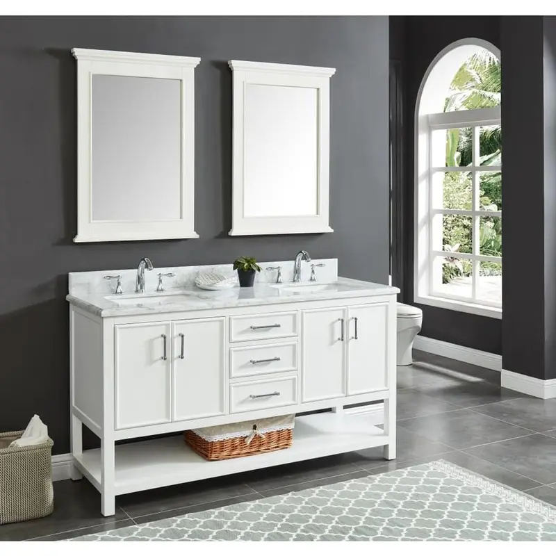 allen   roth Presnell 61-in Dove White Double Sink Bathroom Vanity with Carrara White Natural Marble TopNavy Blue