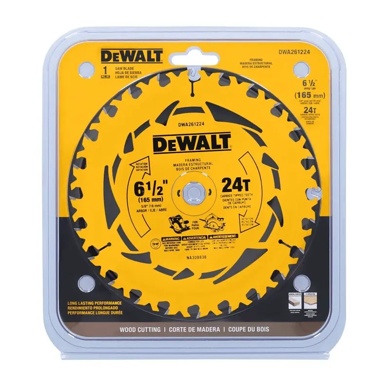 DeWALT DWA161224 Circular Saw Blade, 6-1/2 in Dia, 5/8 in Arbor, 24-Teeth, Tungsten Carbide Cutting Edge