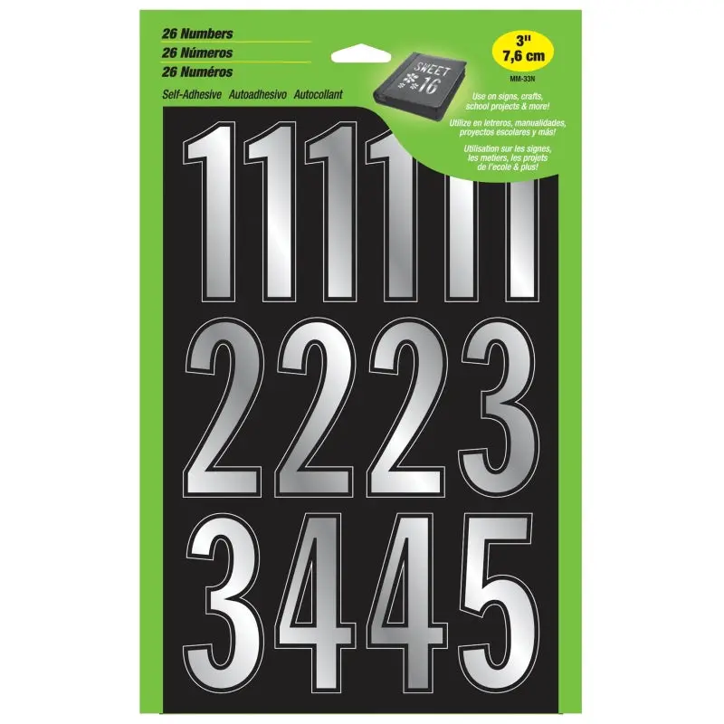 Hy-Ko MM-33N Prism Number Set, 3 in H Character, Silver Character, Vinyl