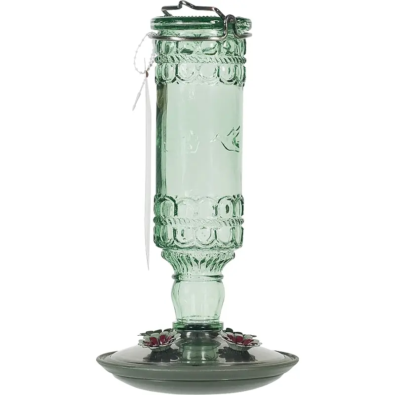 Perky-Pet 8108-2 Bird Feeder, Antique Bottle, 10 oz, 4-Port/Perch, Glass/Metal, Green, 10 in H