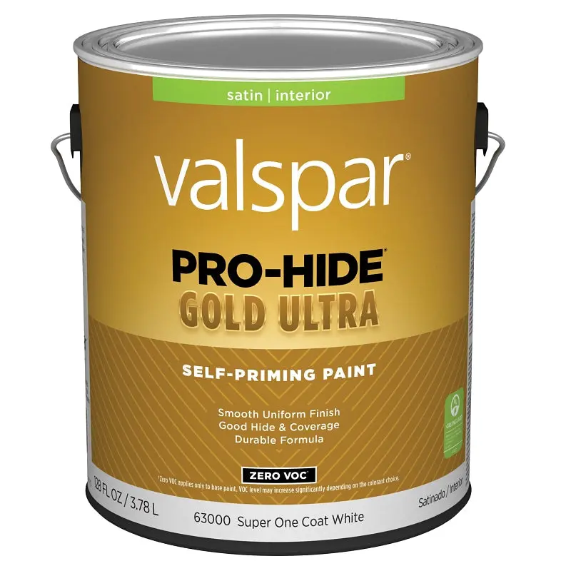Valspar Pro-Hide Gold Ultra 6300 028.0063000.007 Latex Paint, Acrylic Base, Satin, Super One Coat White, 1 gal