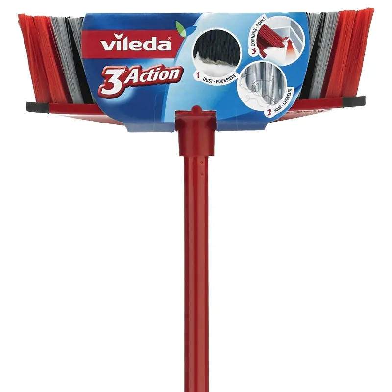 Vileda 3Action 143634 Household Broom, Polyethylene Terephthalate Bristle, Black/Red/Silver Bristle, Steel Handle