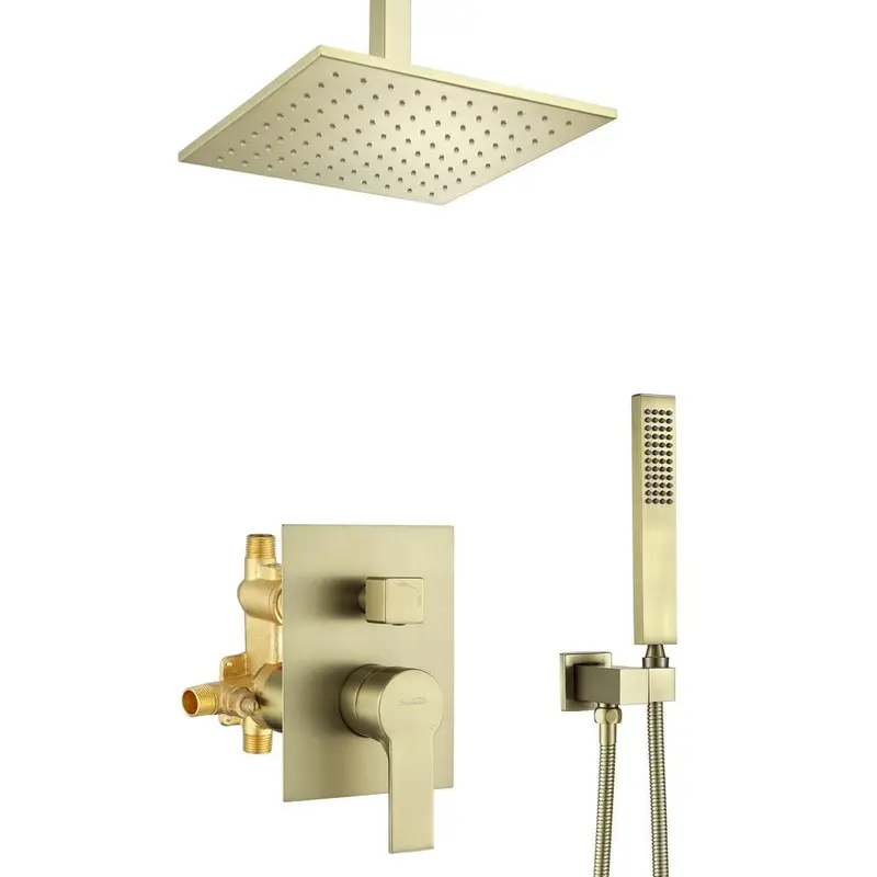 1-Spray Patterns with 2.38 GPM 10 in. Ceiling Mount Dual Shower Heads with Rough-In Valve Body and Trim in Brushed Gold