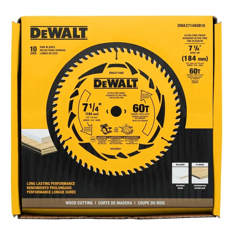 DeWALT DWA171460B10 Circular Saw Blade, 7-1/4 in Dia, 5/8 in Arbor, 60-Teeth