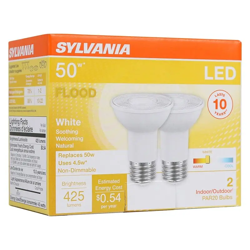 Sylvania 79279 LED Light Bulb, Flood, Spotlight, PAR20 Lamp, 50 W Equivalent, E26 Lamp Base, Warm White Light