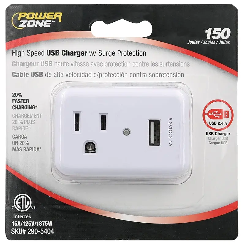 PowerZone ORUSB241S Surge Protector Tap, 2-Pole, 125 V, 15 A, 1-Outlet, 150 Joules Energy