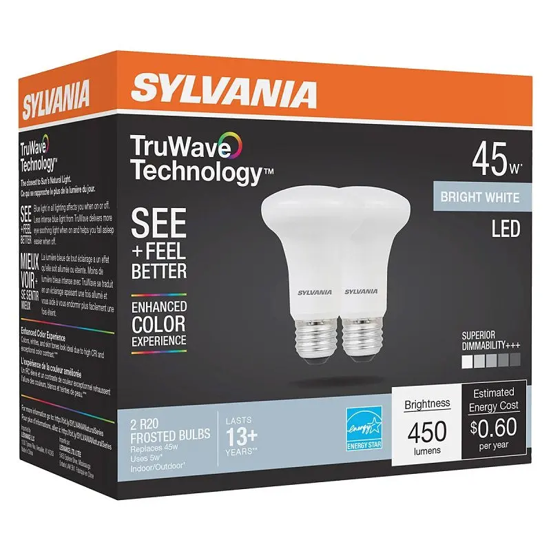 Sylvania Natural 41153 LED Bulb, R20 Lamp, 45 W Equivalent, E26 Medium Lamp Base, Dimmable, Frosted