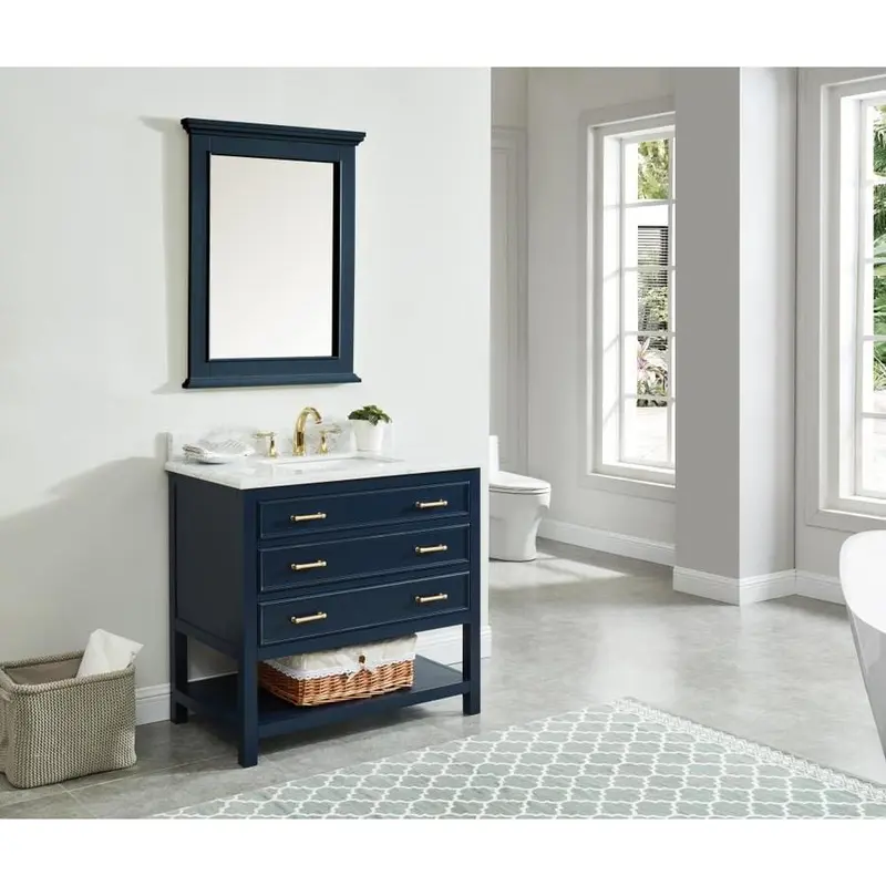 allen   roth Presnell 37-in Navy Blue Single Sink Bathroom Vanity with Carrara White Natural Marble TopNavy Blue
