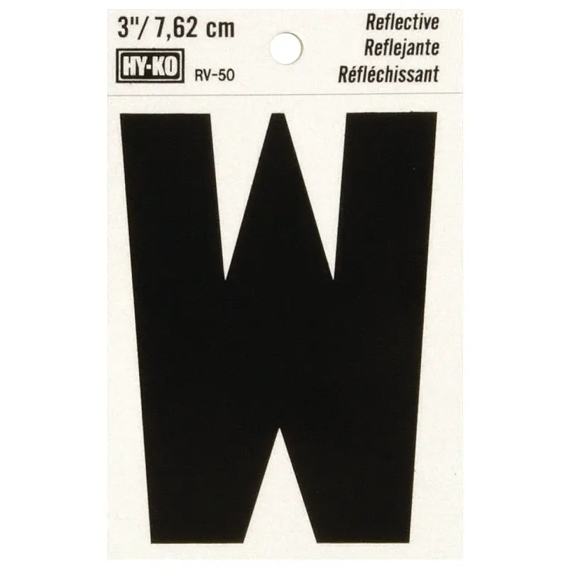 Hy-Ko RV-50/W Reflective Letter, Character: W, 3 in H Character, Black Character, Silver Background, Vinyl