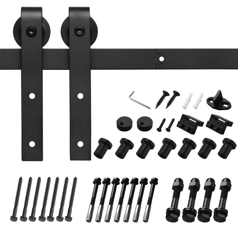 12 ft./144 in. Black Bent Strap Sliding Barn Door Track and Hardware Kit for Single Door with Floor Guide