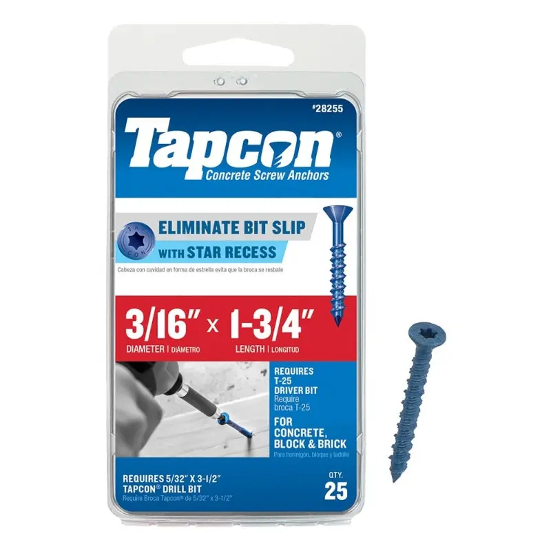 Tapcon 24255 Concrete Screw Anchor, 3/16 in Dia, 1-3/4 in L, Steel, Climaseal