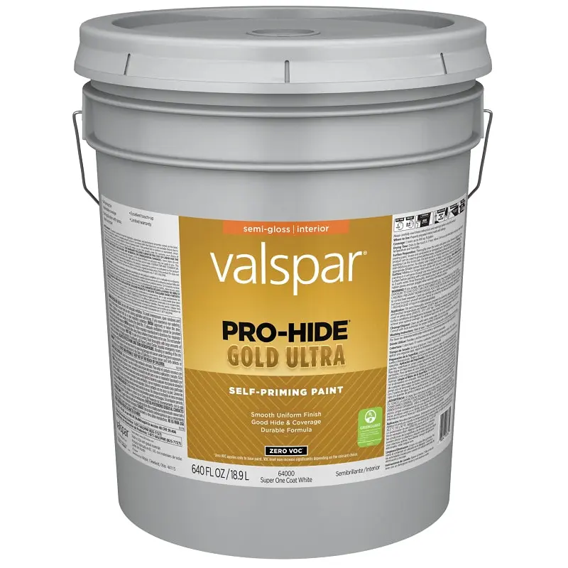 Valspar Pro-Hide Gold Ultra 6400 028.0064000.008 Latex Paint, Acrylic Base, Semi-Gloss Sheen, Super One Coat White