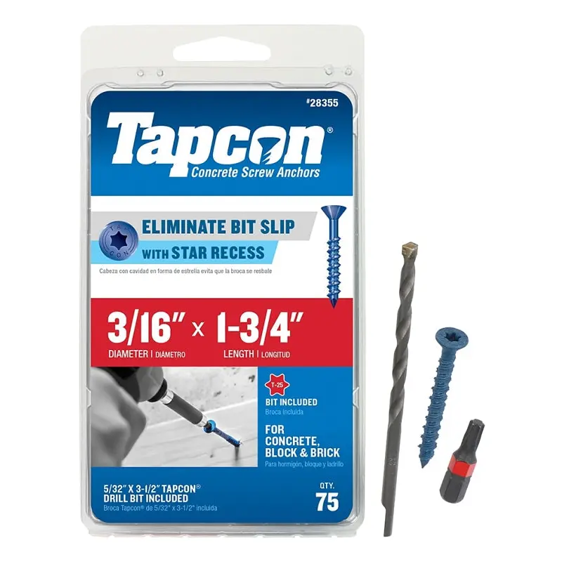 Buildex Tapcon 28355 Concrete Screw Anchor, 3/16 in Dia, 1-3/4 in L, Steel, Climaseal, 75/PK