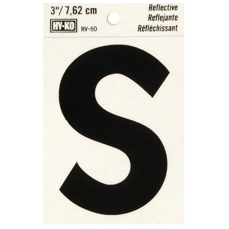 Hy-Ko RV-50/S Reflective Letter, Character: S, 3 in H Character, Black Character, Silver Background, Vinyl