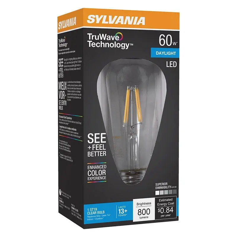 Sylvania Natural 41331 LED Bulb, ST19 Lamp, 60 W Equivalent, E26 Medium Lamp Base, Dimmable, Clear, Daylight Light