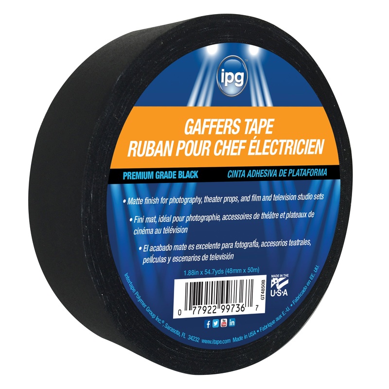 ipg GT7250B Gaffer Tape, 11.5 mil Thick, 2.83 in W, 54.7 yd L, Black, Resin/Rubber Adhesive, Cloth Backing