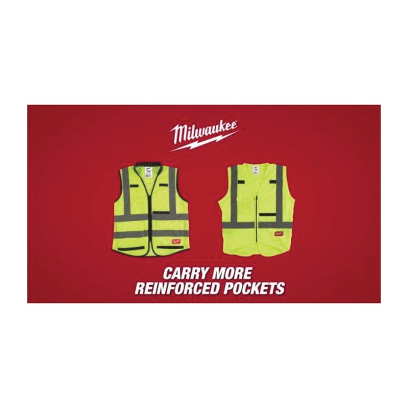 Milwaukee 48-73-5042 Performance Safety Vest, L/XL, Polyester, Hi-Viz Yellow, Padded Collar, Zipper Closure